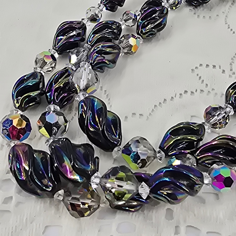 Vintage Triple Strand Black Glass Bead Necklace AB Oil Slick Iridescent